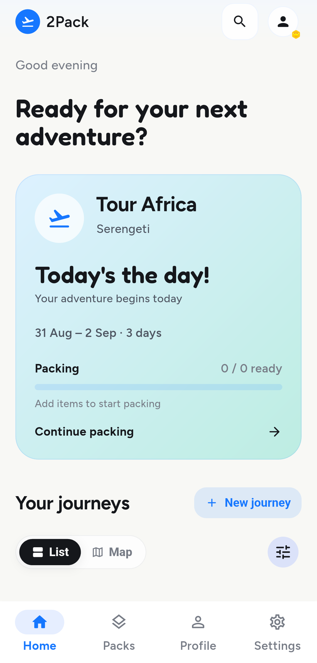 2Pack app screen showing a trip packing list